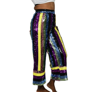 Fashion Nova Sequin Pants Rainbow Stripe Multicolor Cropped Wide Leg Colorblock Small