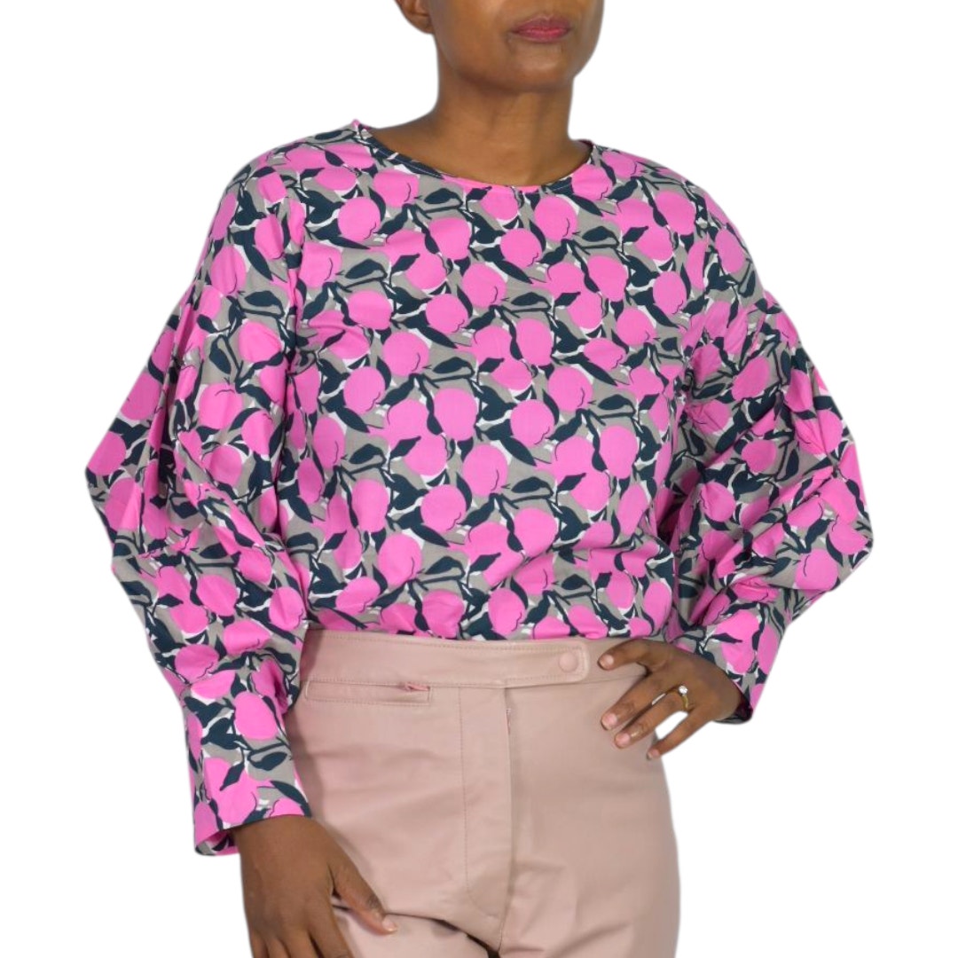 The Sang Fruit Floral Print Blouse Pink Cotton Poplin Statement Balloon Sleeves Top Small