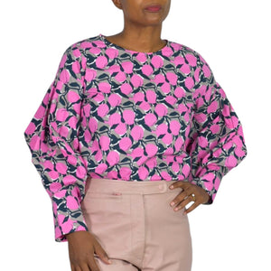 The Sang Fruit Floral Print Blouse Pink Cotton Poplin Statement Balloon Sleeves Top Small