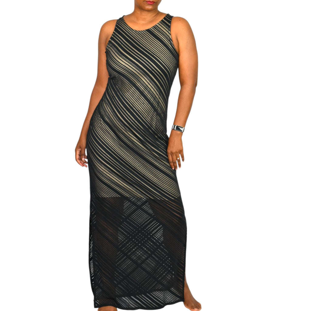 Vintage Kelly Renee Slip Dress Black Sheer Burnout Long Sleeveless Slits Maxi Small