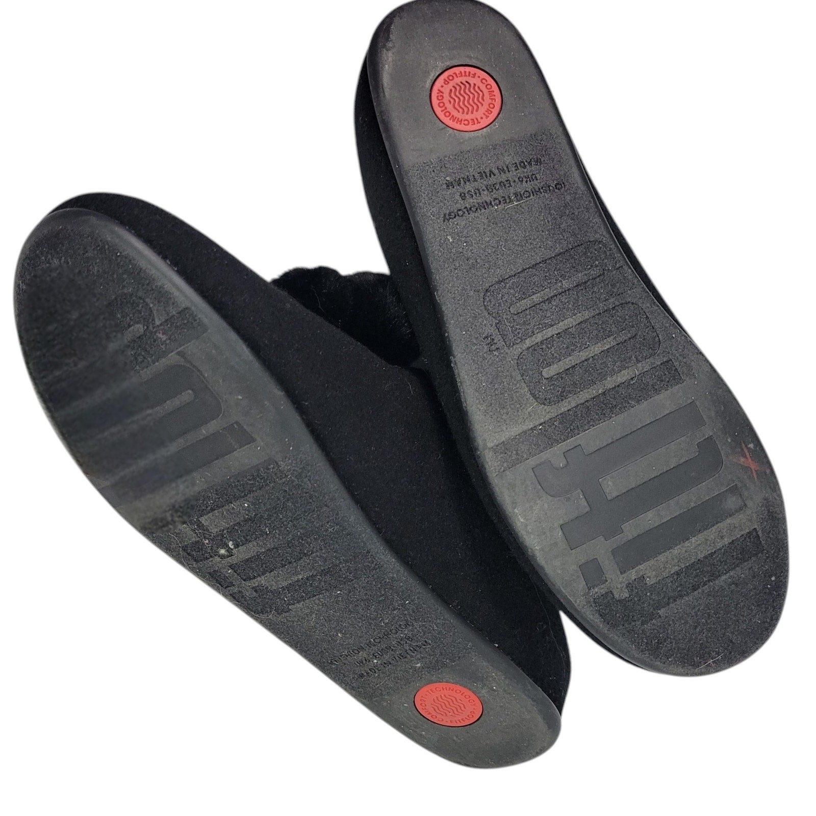 Fitflop Chrissie Slippers Black Felt Pom Pom Mules Slip On Slides Flats Lounge 8
