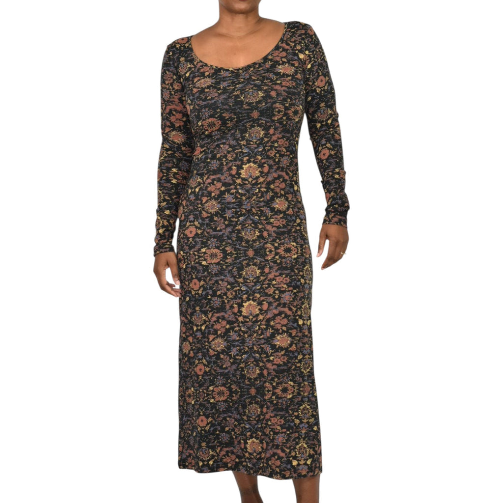 Peruvian Connection Dynasty Floral Dress Black Jersey Scoop Neck Long Sleeves Midi XS