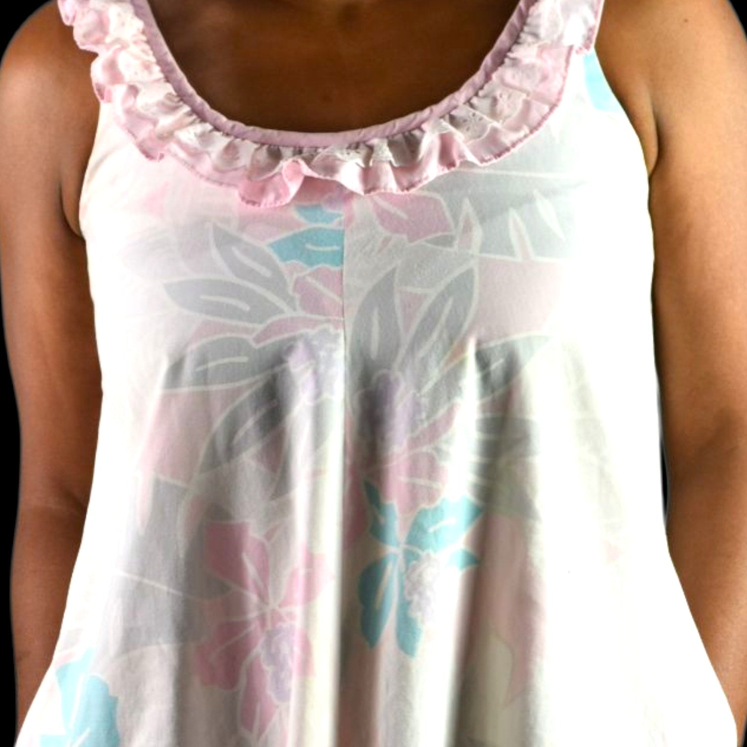 Vintage Hilda Hawaii Dress Pink Pastel Hawaiian Floral Maxi Tiered Eyelet Muumuu Small