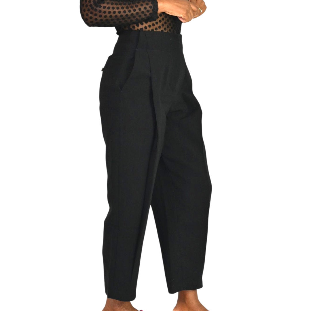 Tout a Coup Pleat Crop Trouser Pants Black High Waist Crepe Dress Evening Business Casual Tapered XS