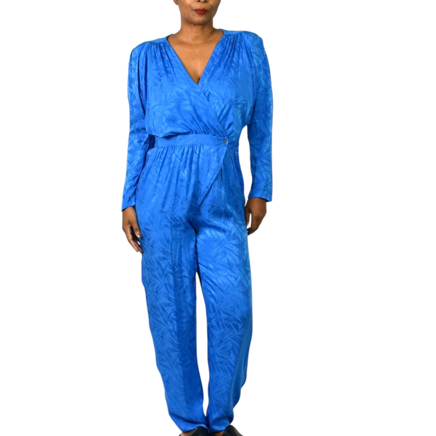 Nora Noh Silk Jumpsuit Blue Vintage Silky Shoulder Pads Tapered Boilersuit Jacquard Small