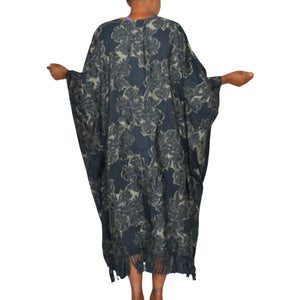 Billy Reid Juniper Jacquard Kaftan Dress Blue Floral Long Oversized Patio Muumuu Caftan Fringe Medium Large M L