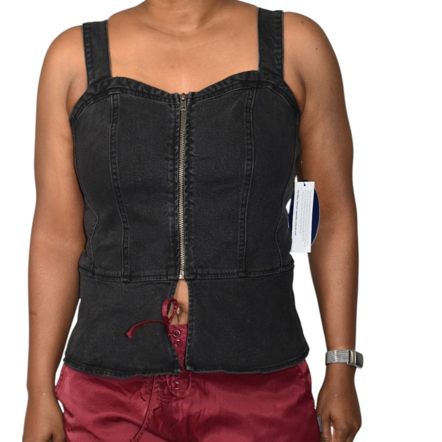 Scoop NYC Denim Bustier Black Corset Tank Top Zip Front Stretch Sweetheart Front Slit Medium