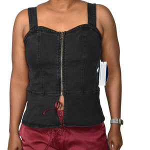 Scoop NYC Denim Bustier Black Corset Tank Top Zip Front Stretch Sweetheart Front Slit Medium