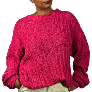 Vintage Cacharel Chunky Sweater Pink Raspberry Pullover Slouchy Cable Knit Crew Size XL