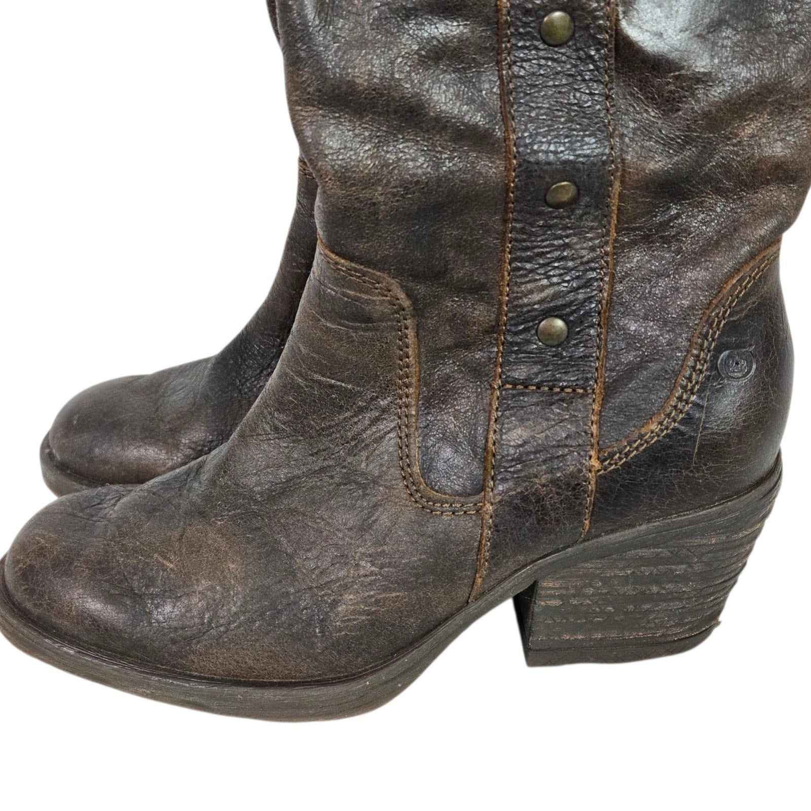 Born Leather Motorcycle Boots Brown Distressed Studs Mid Calf Winter Pull On 8.5