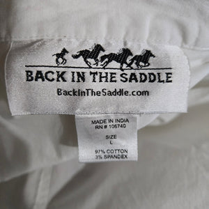 Back in the Saddle White Shirt Equestrian Cowgirl Collared Button Front Ruffled Fitted Tailored Large