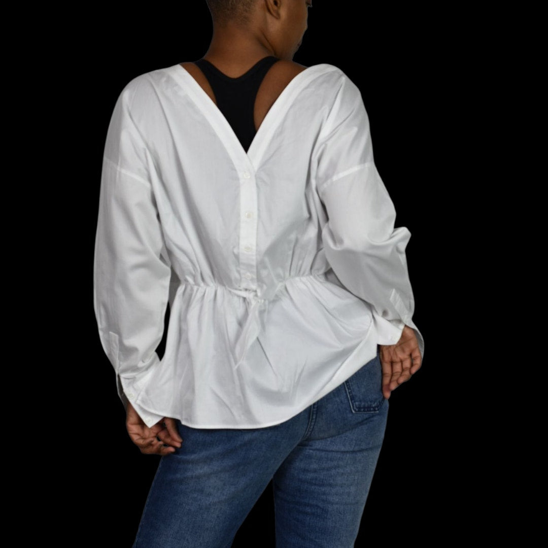 Harshman Anthropologie Cotton Blouse White Shirt Tie Button Back Oversized Backwards Small