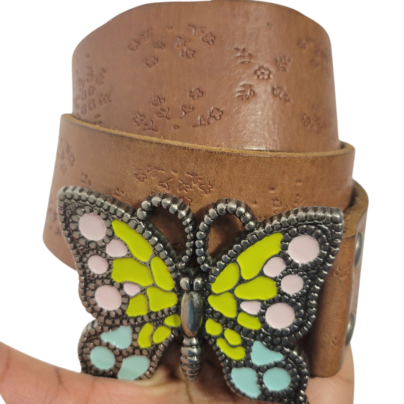 Fossil Butterfly Leather Belt Tan Brown Buckle Retro Hippie Tooled Embroidered Small