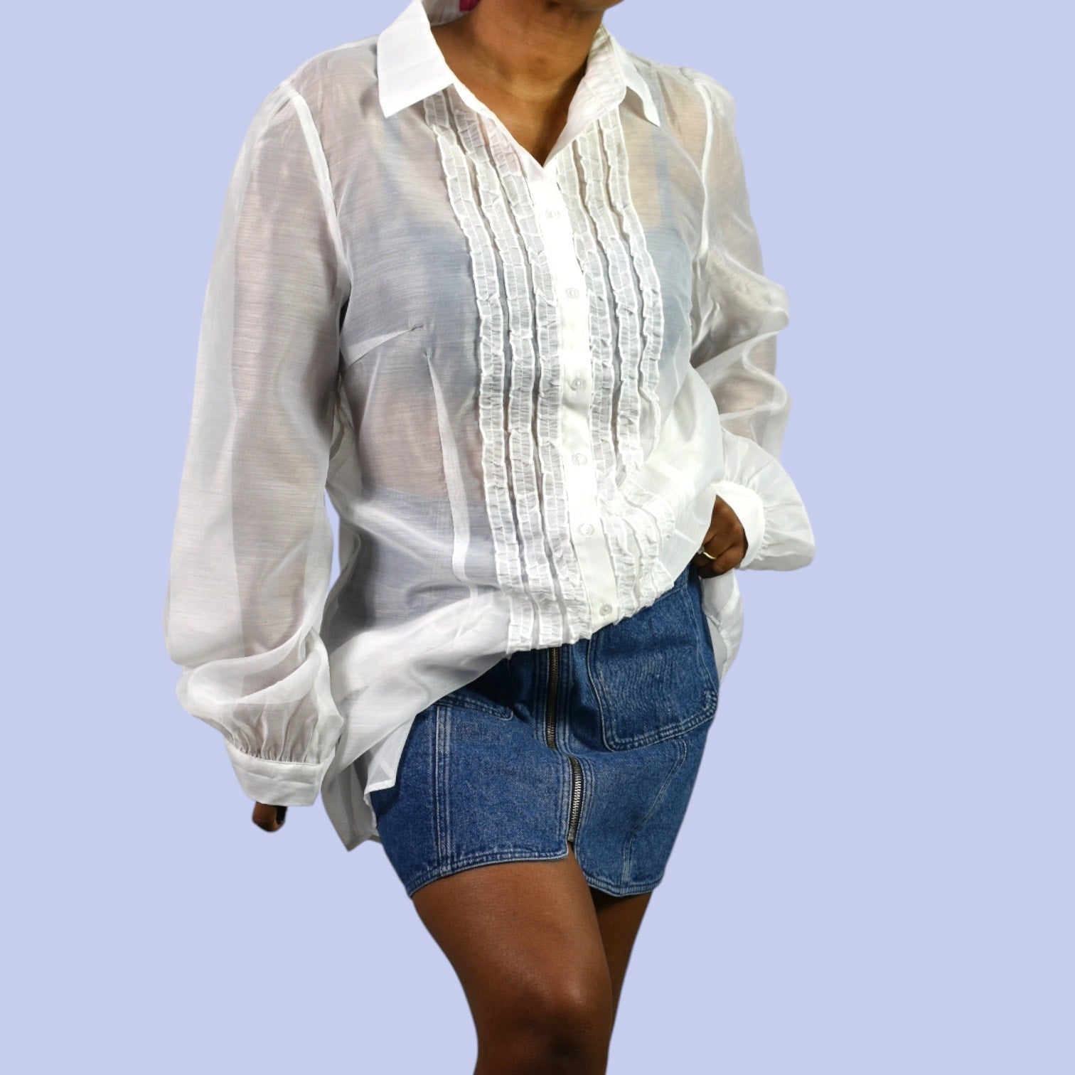 Sugar Thrillz Totally Paused Sheer Top Ruffles Collared Long Button Front Tuxedo Shirt Blouse XXL