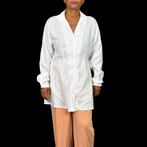 Vintage Flax Cotton Tunic Shirt White Collared Button Front Long Sleeve Oversized Jacquard Size Medium