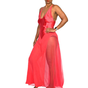 Victorias Secret Red Silk Nightgown Satin Sheer Tulle Chiffon Long Maxi Slip XS