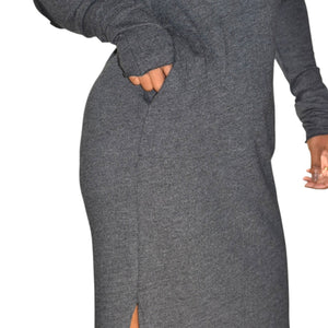 Noctex Sweater Dress Grey Charcoal Wool Midi Hooded Pockets Slits Elbow Patches XS