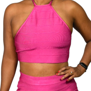 Forever 21 Herve Leger Bandage Skirt Set Pink Matching CoOrd Mini Cropped Halter Bodycon Fuchsia Size Medium