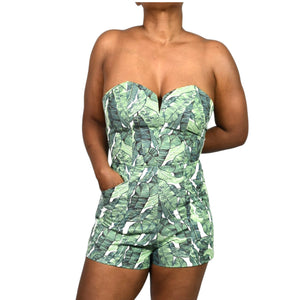 HM Conscious Tropical Leaf Romper Green Cotton Playsuit Structured Sweetheart Shorts Small