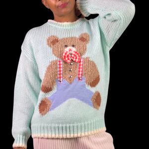 Vintage Far and Near Teddy Bear 3D Sweater Green Pastel Textured Fairy Kei Kawaii 90s Campy Novelty Large