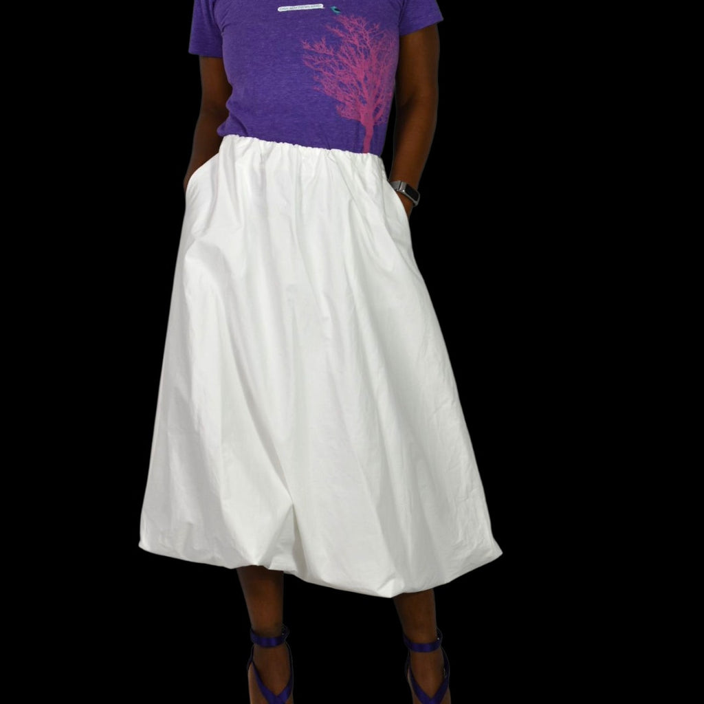 Zara Bubble Midi Skirt White Poplin Balloon Hem Pockets Billowy Elastic Waist XS