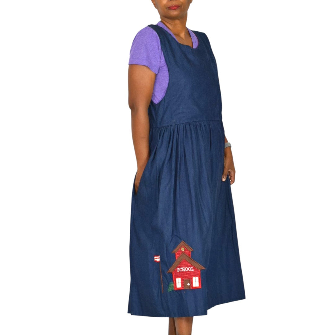 Vintage Betsys Denim Pinafore Dress Blue Teacher Applique Smock Patchwork Long School Medium