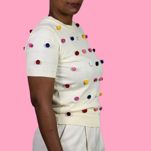 Kate Spade Pom Pom Sweater White Rainbow Colorful Short Sleeve Pullover Embellished Small