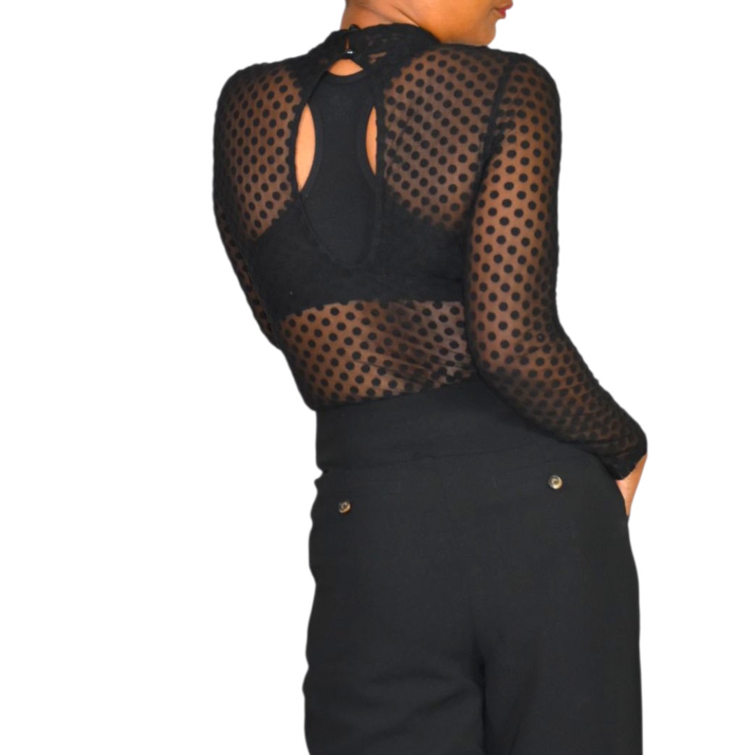 Windsor Sheer Bodysuit Black Flocked Polka Dot Mock Mesh Neck Long Sleeves Top Small
