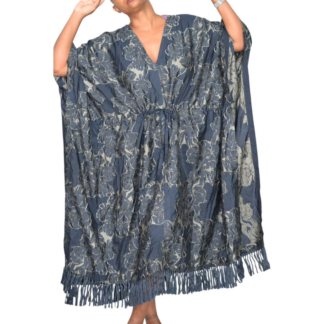 Billy Reid Juniper Jacquard Kaftan Dress Blue Floral Long Oversized Patio Muumuu Caftan Fringe Medium Large M L