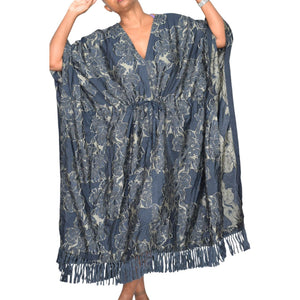 Billy Reid Juniper Jacquard Kaftan Dress Blue Floral Long Oversized Patio Muumuu Caftan Fringe Medium Large M L