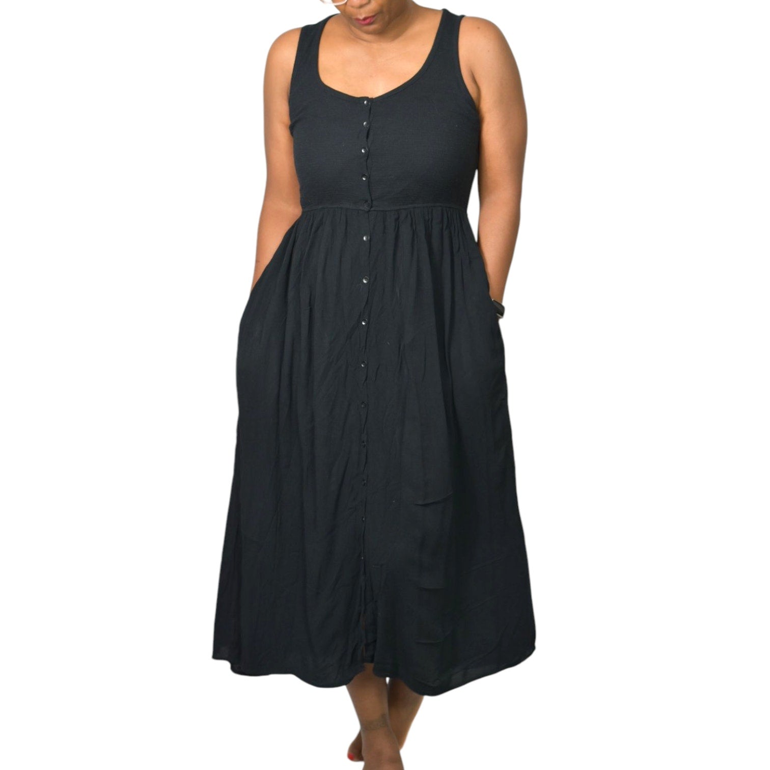 Frye Easy Button Front Dress Black Midi Minimalist Tank Jersey Knit Pockets Rayon XS
