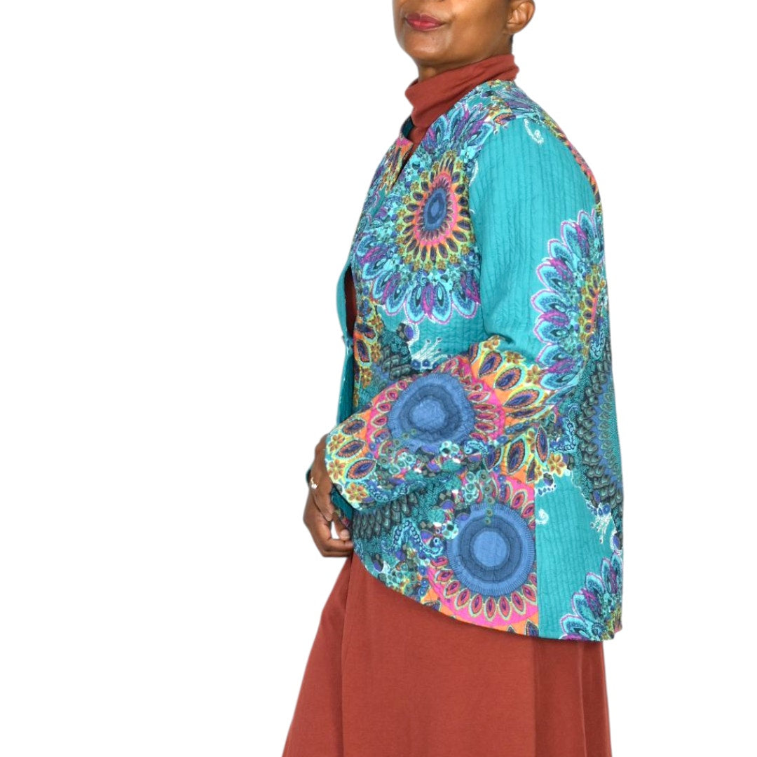 Soft Surroundings Quilted Jacket Green Teal Boho Paisley Floral Cotton Mandala Print Artistic XS