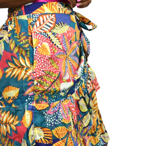 Cynthia Rowley Wrap Skirt Colorful Blue Tropical Foliage Leaf Print Tiered Sarong Large