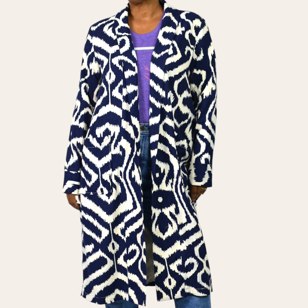 Anthropologie Robbie Duster Jacket Coat Blue Abstract Geometric Linen Print Open Front Long Midi Small