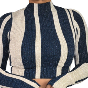 Self Portrait Crop Top Blue Striped Knit Lurex Metallic Shiny Mock Neck Fitted Small