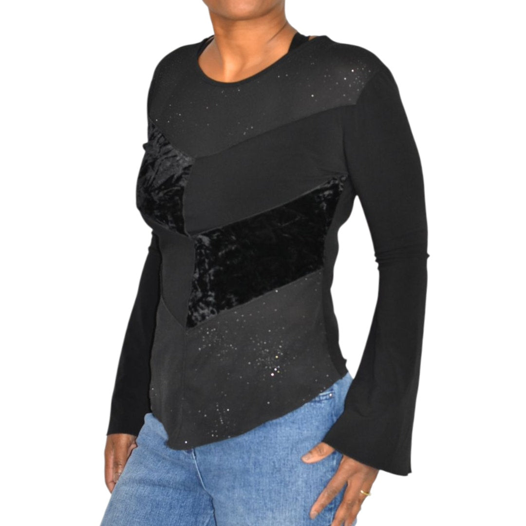 Vintage Ludmilla Paris Bell Sleeve Top Black Velvet Sparkle Y2K France Patchwork Small