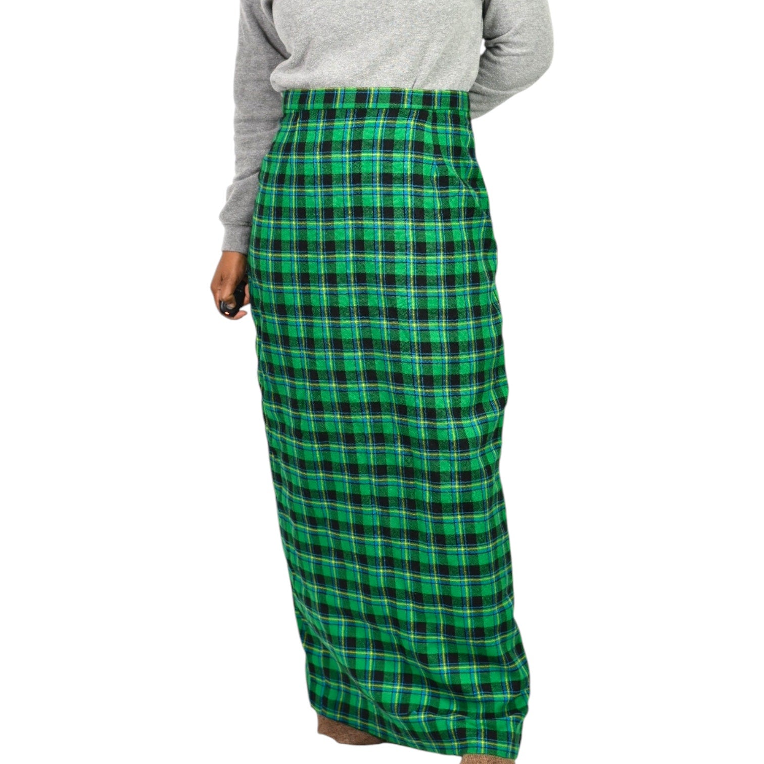 Vintage Tartan Maxi Skirt Green Plaid Long Straight Column Check Handmade 10 Medium