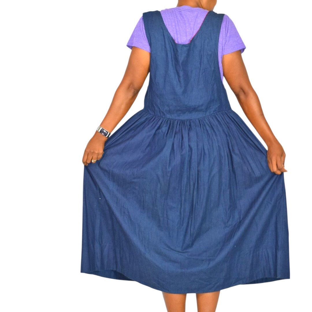 Vintage Betsys Denim Pinafore Dress Blue Teacher Applique Smock Patchwork Long School Medium