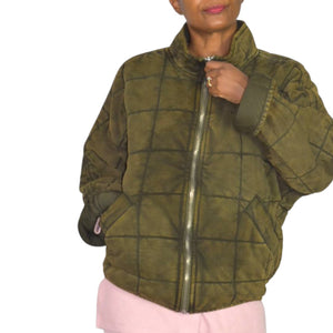 Free People Dolman Quilted Knit Jacket Green Olive Bomber Oversized Cotton Coat XS