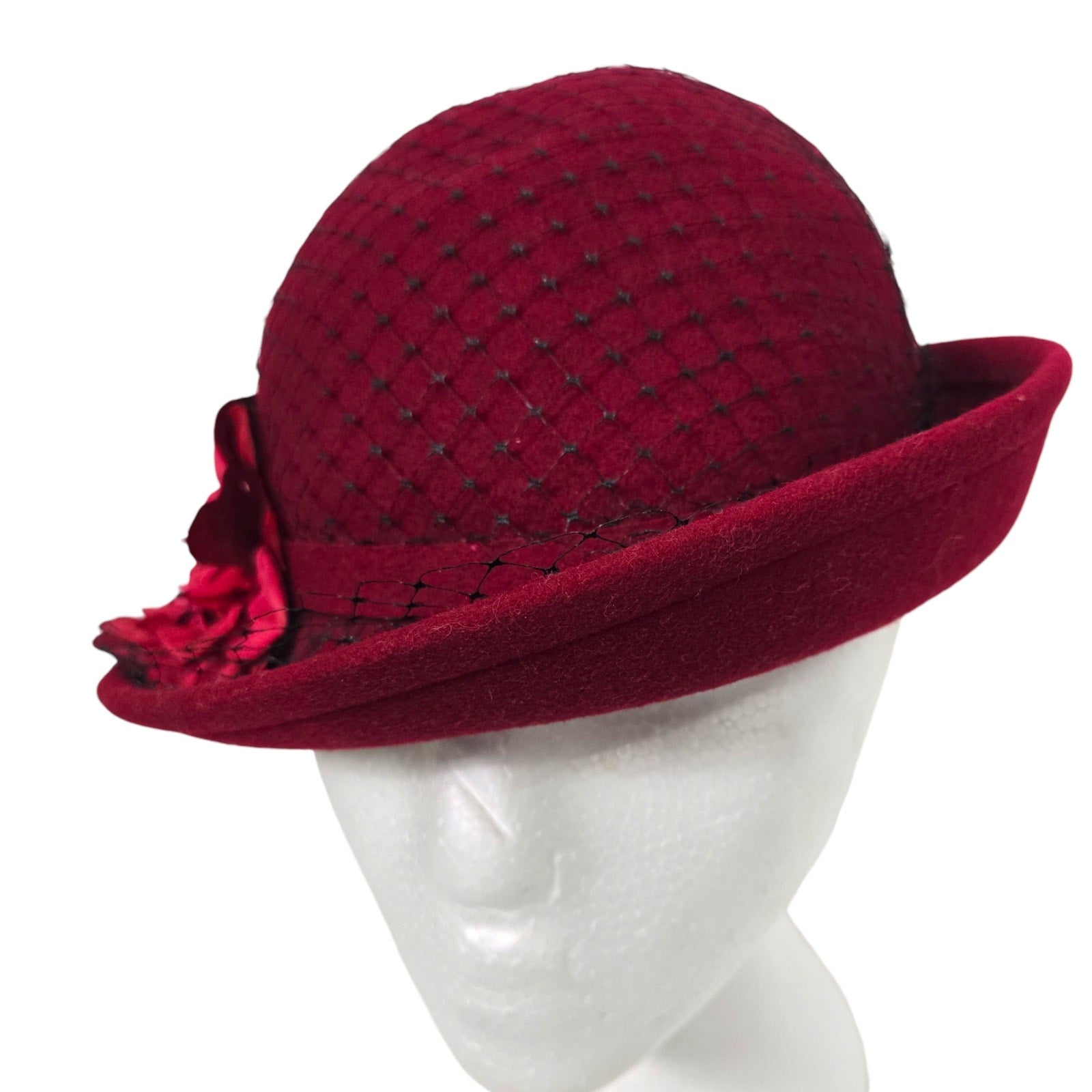 Vintage Betmar Cloche Hat Red Felt Wool Brim Winter Dressy USA Veil Flowers 40s 50s Style Fascinator Small