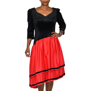 Vintage 80s Black Velvet Dress Red Taffeta Asymmetrical Ruffle Tiered Stretch Handmade Large