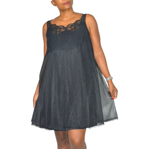 Vintage Babydoll Nightie Black Nylon Vanity Fair Gown Shortie Sheer Lace Small