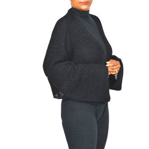 Anthropologie Open Weave Knit Cardigan Black Bell Sleeve Shrug Shawl Sweater One Size