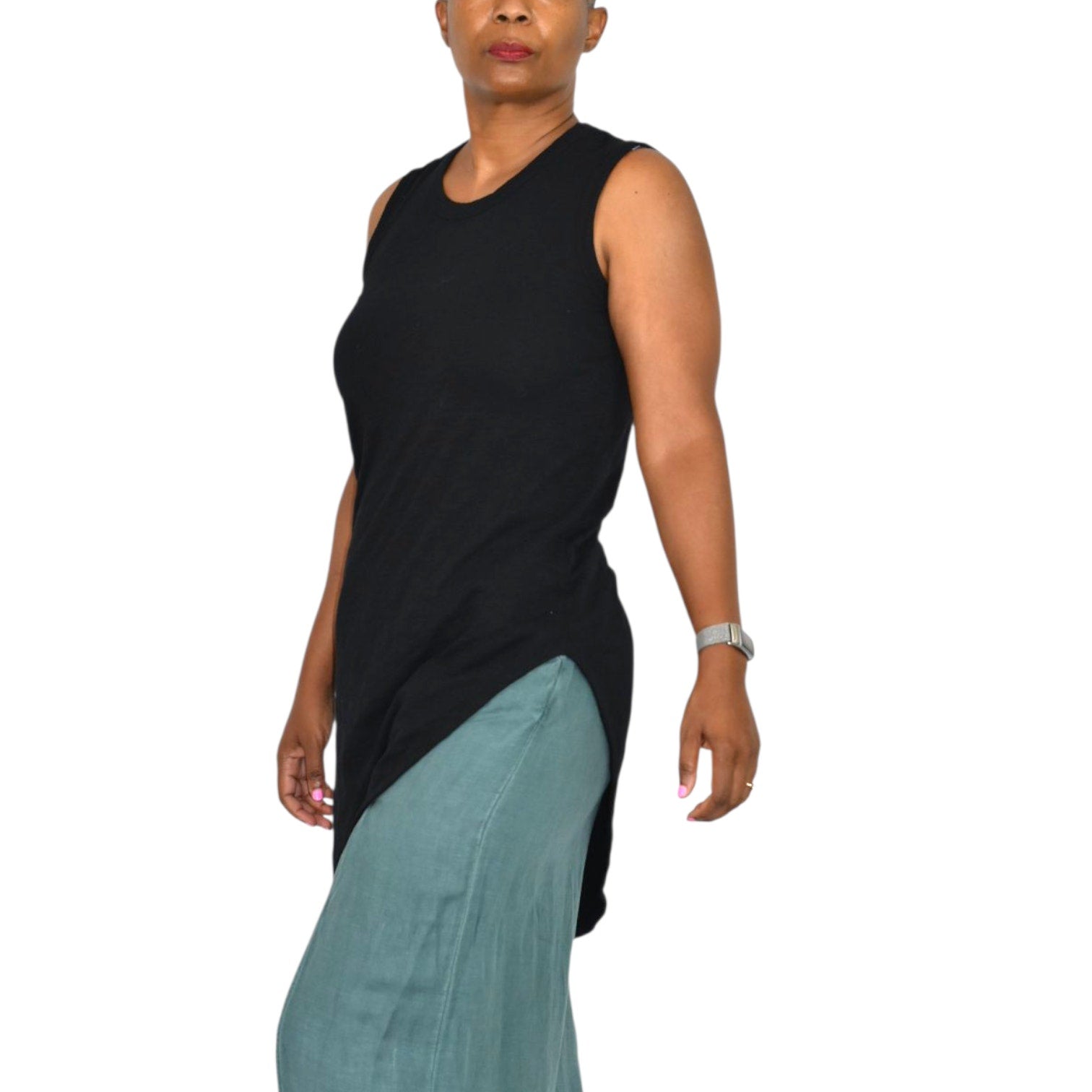 Wilt Black Slant Hem Tank Top Black Sleeveless Tee Angled Slub Jersey Asymmetric Casual Travel XS