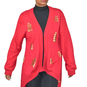 Michael Simon Cardigan Sweater Red Duster Beaded Christmas Trees Asymmetric Cotton Plus 1X
