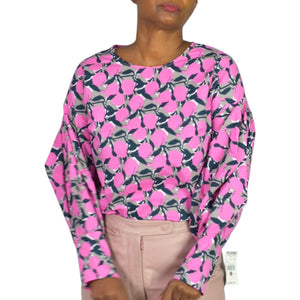 The Sang Fruit Floral Print Blouse Pink Cotton Poplin Statement Balloon Sleeves Top Small