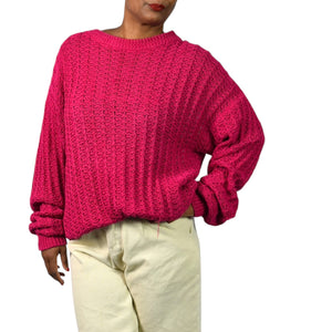 Vintage Cacharel Chunky Sweater Pink Raspberry Pullover Slouchy Cable Knit Crew Size XL