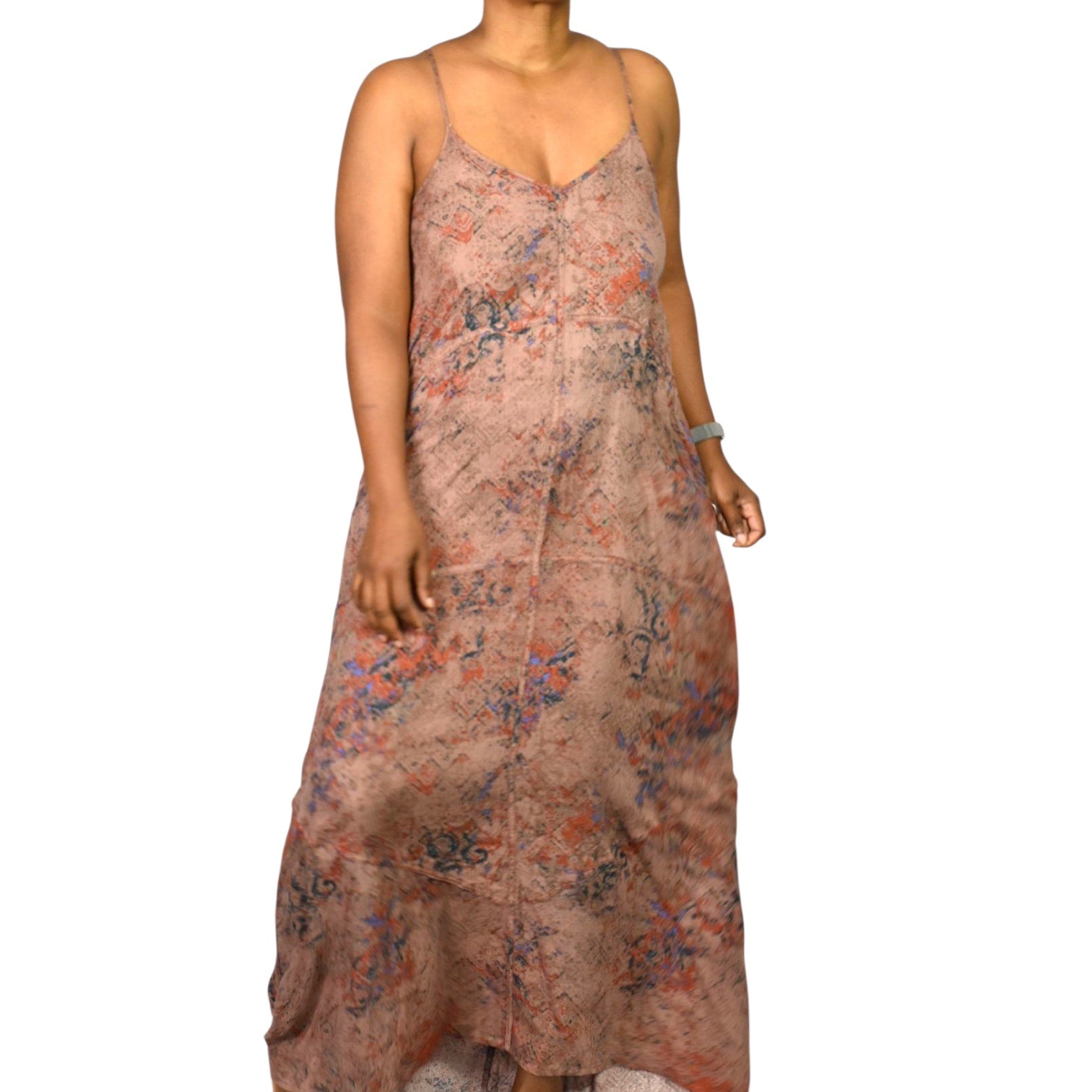 Hinge Slip Dress Brown Print Maxi Rayon Sundress Spaghetti Straps Lounge Tent Flowy Simple Small