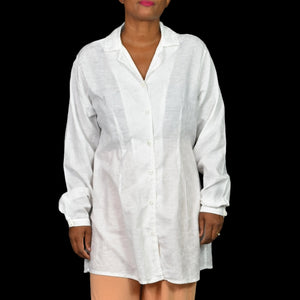 Vintage Flax Cotton Tunic Shirt White Collared Button Front Long Sleeve Oversized Jacquard Size Medium