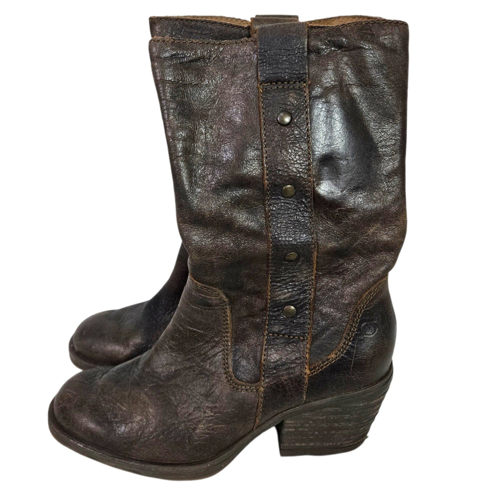 Born Leather Motorcycle Boots Brown Distressed Studs Mid Calf Winter Pull On 8.5